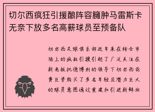 切尔西疯狂引援酿阵容臃肿马雷斯卡无奈下放多名高薪球员至预备队